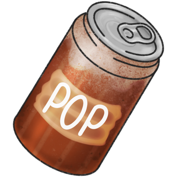 a brown pop can designed like a brown barrel with pop foam spilling over the top. The label on the front of it says 'pop.'